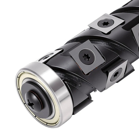 Premium Reversible Carbide Flush Trim Router Bit With 1/2 Inch Shank And 32mm Cutter Diameter, close-up of carbide blades and shank.