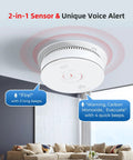 2 In 1 Smoke And Carbon Monoxide Alarm With Voice Alerts installed on ceiling in living room, showing smoke alert details.