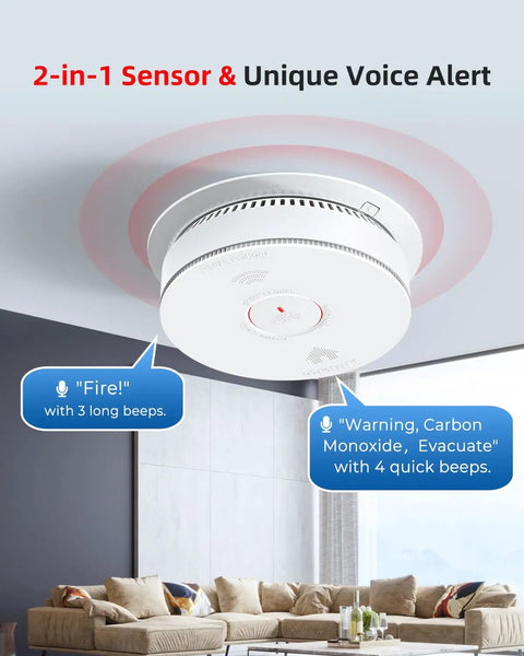 2 In 1 Smoke And Carbon Monoxide Alarm With Voice Alerts installed on ceiling in living room, showing smoke alert details.