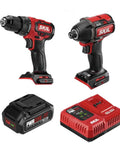 Built Tough Cordless Drill And Impact Driver Combo Kit With Brushless 20 Volt Motors, featuring drill, driver, battery, and charger.