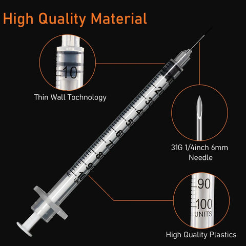 Top Notch 1cc Syringe With Needle 31G 1/4 Inch 6mm Sterile Pack Of 100 For Precise Dosing, Smooth Electro Polished Needle, Easy To Use, Medical Grade, Eco Friendly And Safe. 1cc syringe with 31G 6mm needle and thin wall plastic barrel