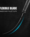 Close-up of flexible blade from Pro Two Piece Fillet Knife Set For Fishing, 6.5 Inch Filleting Knives With German Stainless Steel Blades