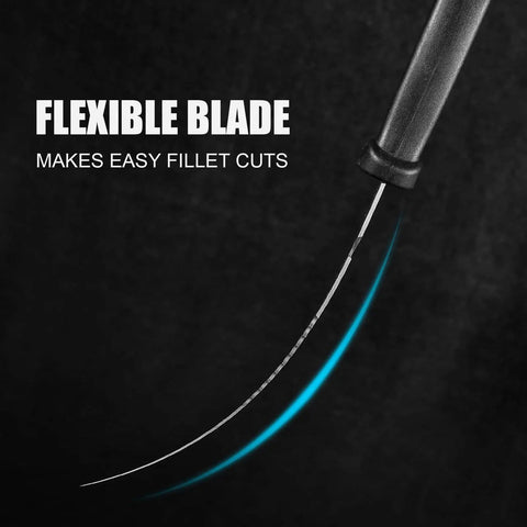 Close-up of flexible blade from Pro Two Piece Fillet Knife Set For Fishing, 6.5 Inch Filleting Knives With German Stainless Steel Blades