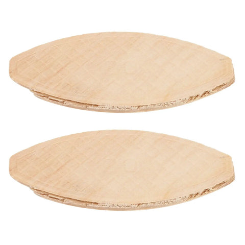 Close-up of two Beech Woodworking Biscuits Set For Strong Joints, 100 Pieces, Size 0 10 20, Premium Adhesive Bonding Ready discs