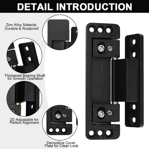 Four Pack Stealth Matte Black Hidden Door Hinges Straight Up Smooth And Built Legit With Rust Proof Zinc Alloy Plus Adjustable Silent Close Specs For Zero Hassle Cabinet Mounting And Quick Weekend Upgrades Across Main Street Homes with detailed close-ups showing zinc alloy material and adjustable features.