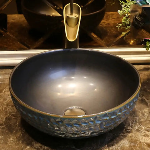 USZWBY Vessel Sinks Bathroom Vessel Sink Round Ceramic Washbasin Home Art Countertop Basin Utensil with Faucet Bathroom Bowl Sink, close-up view.