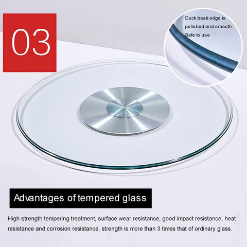 Heavy Duty Tempered Glass Lazy Susan Turntable For Dining Table 39 Inch with polished duck beak edge and aluminum base.