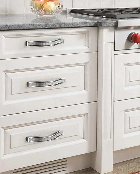 Bling Crystal Door And Drawer Pulls Knobs Set 6 Pack Modern European Style Square Rhinestone Handles on white kitchen drawers