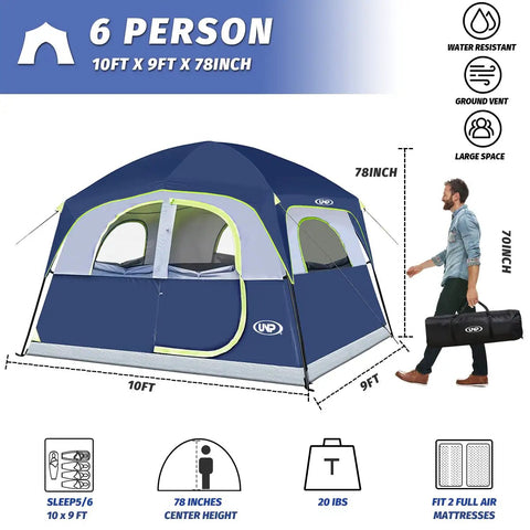 Spacious 6 Person Waterproof Family Tent With Windproof Build And Easy Setup In Minutes, Dark Blue, shown with carrying bag
