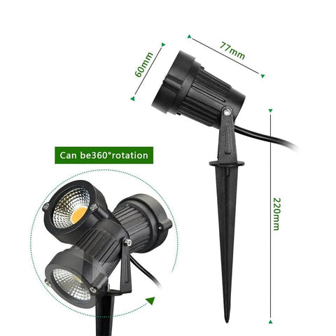 Outdoor Landscape LED Lighting 5W Waterproof Garden Lights COB LED Spotlights With Spiked Stand visible with measurements