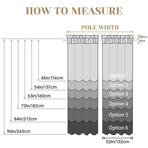 Diagram showing how to measure curtain pole width and panel length for Black Halloween Privacy Curtains Two Panels 52 By 72 Inches.