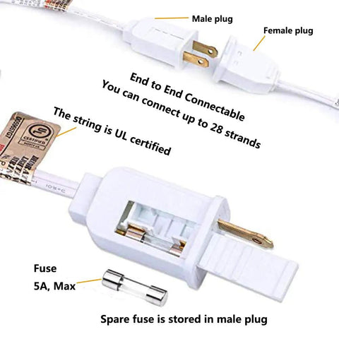 25Ft LED String Lights With 27 Shatterproof Clear Globe Bulbs Dimmable And Energy Efficient Connectable plugs and fuse view