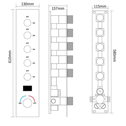Five Function Shower Mixing Valve In Brushed Gold With Digital Temperature Display, Pressure Balanced Anti-Scald Valve For Safe, Drama-Free Family Showers, Easy Install, Modern Bath Upgrade, 610mm x 130mm technical drawing