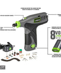 Genesis 8V Variable Speed Rotary Tool Kit with accessories, lithium battery, charger, and 120V adapter, 8,000-18,000 RPM.