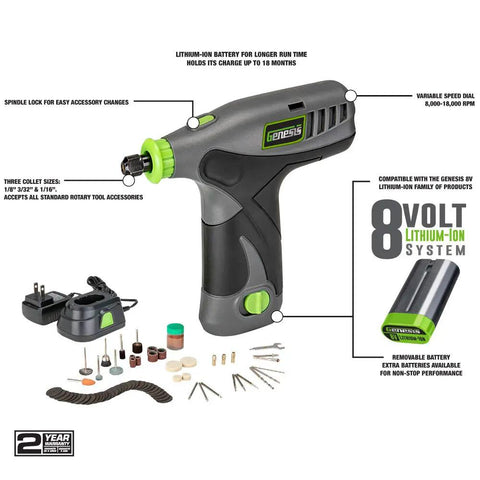 Genesis 8V Variable Speed Rotary Tool Kit with accessories, lithium battery, charger, and 120V adapter, 8,000-18,000 RPM.