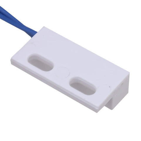 Surface Mount Magnetic Proximity Reed Switch Normally Open, white rectangular door sensor with blue wires, ideal for hidden installation