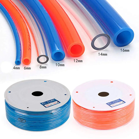 Works Like A Champ 12 Mm Polyurethane Pneumatic Hose Tube For Air Compressor And Beverage Transfer 80 Meter Long orange and blue flexible hoses displayed on coils.