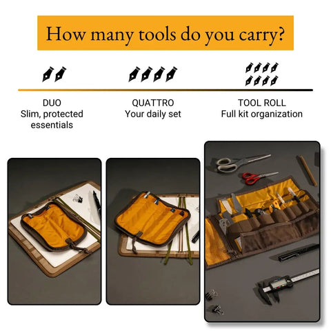 EDC Rollup Electronic Organizer for tech and art supplies in use, showing various pockets and tools on a table.