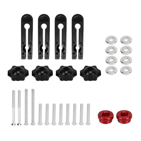 Snap Up These Heavy Duty Dual Featherboards parts including black knobs, clips, silver bolts, and red spacers for table saw use.