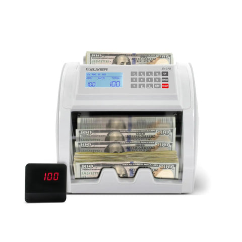 Front view of Fast Money Counter With Fake Bill Detector And LCD Display, UV MG IR DD HLF CHN Checks, Model S1070, counting bills.