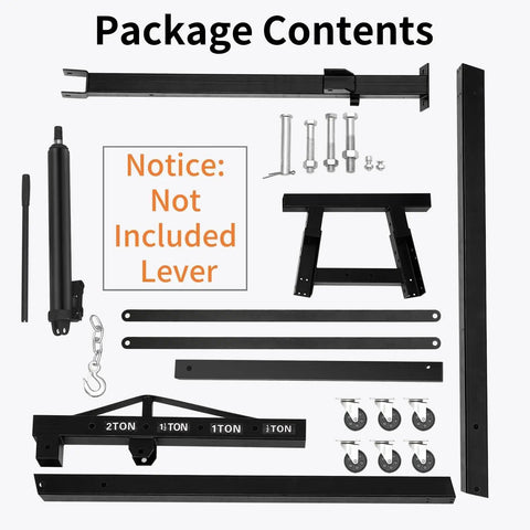 Package contents of Smooth Rolling Heavy Duty 2 Ton Engine Hoist Foldable Hydraulic Shop Crane with parts and tools included.