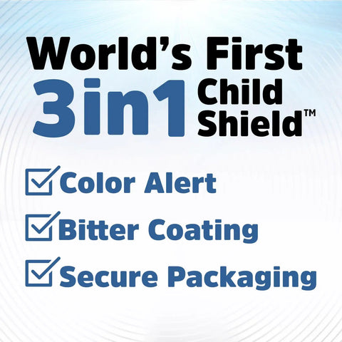 World's First 3in1 Child Shield features Color Alert, Bitter Coating, and Secure Packaging for safety.