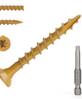Rock Solid 8 Inch X 1 1/2 Flat Head Wood Screws With T25 Torx Drive For Outdoor Fencing Go Right In Without Pre Drilling 165 Piece Heavy Duty Carbon Steel Screw Set showing tan wood screw and T25 bit.