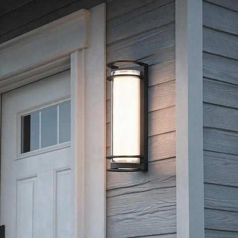 ROPCVAX Led Wall Sconce Lighting Fixture Lamp Modern Minimalist Aluminum Black illuminates entryway with cylindrical shade.