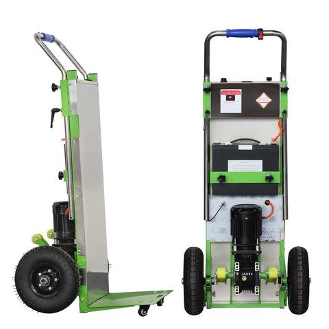 High Capacity Rechargeable Battery For RXFSP Electric Stair Climbing Hand Truck Dolly With Matching Charger Black Power Pack visible on hand truck.