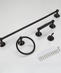 Oil Rubbed Bronze Adjustable Expandable Towel Bar 4 Piece Bathroom Hardware Set with robe hook, toilet paper holder, towel ring, and installation kit.