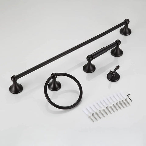Oil Rubbed Bronze Adjustable Expandable Towel Bar 4 Piece Bathroom Hardware Set with robe hook, toilet paper holder, towel ring, and installation kit.