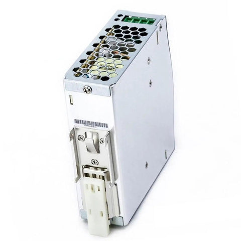Solid Build 12 Volt Ac Dc Din Rail Industrial Power Supply delivering 120 watts and 10 amps in a compact metal casing.