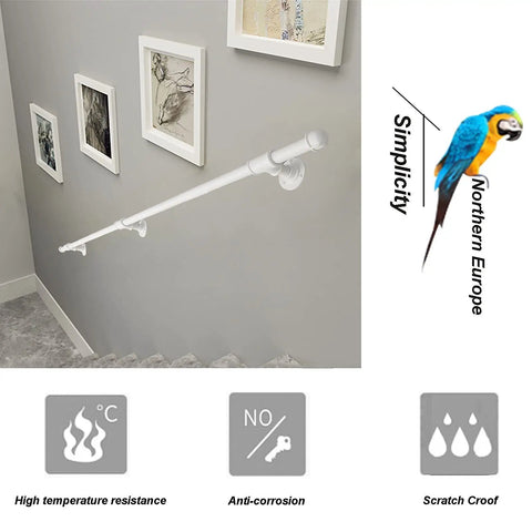 Tight Grip Wrought Iron Handrail For Indoor And Outdoor Stairs Banister with sleek white finish and wall mounts, ideal for safety.