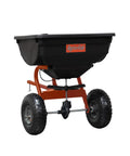 Tow Broadcast Spreader 85 lb capacity for lawns, features 10 inch pneumatic tires, cable flow control, made in USA