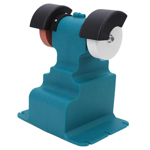 Estink Cordless Mini Bench Grinder with two grinding wheels, compact size, ideal for sharpening tools and polishing metal or wood.