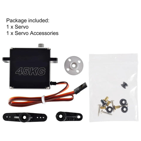Pro Grade Heavy Duty Digital Steering Servo DSC45MG 45kg Torque Metal Case with accessories and connectors for RC builds.
