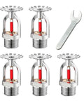 Five Piece Set Heavy Duty Downward Fire Sprinkler Heads Offering Automatic Spray Action For Quick Sixty Eight Degree Activation And No Fuss Plug And Play Commercial Or Residential Upgrades, featuring five sprinkler heads and a wrench.