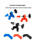 Ultra Portable Bike Wheel Truing Tool With Spoke Wrench, Compact Rim Adjustment Stand components in blue, red, and black.