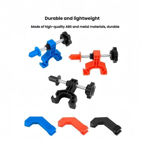 Ultra Portable Bike Wheel Truing Tool With Spoke Wrench, Compact Rim Adjustment Stand components in blue, red, and black.