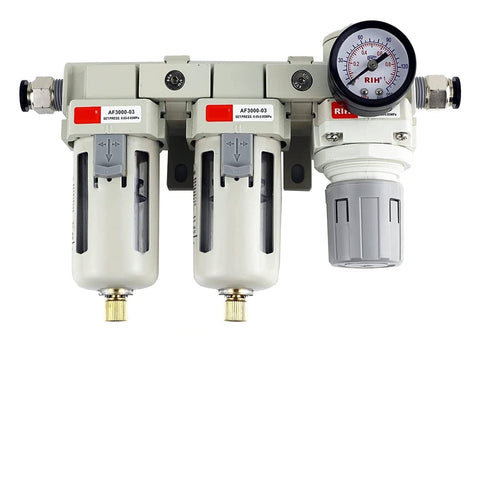 Front view of All In One Pneumatic Air Prep Unit With Separator Filter Regulator And Lubricator AC3110-03 for clean dry compressed air.