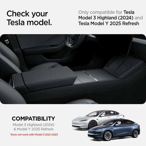 Tesla Model Y And Model 3 Center Console Organizer With Sliding Tray And Intelligrip Noise Reducing Padding Hidden Lower Compartment Access Premium PC Build With Carbon Fiber Accent For 2024 To 2026 Models inside vehicle cabin