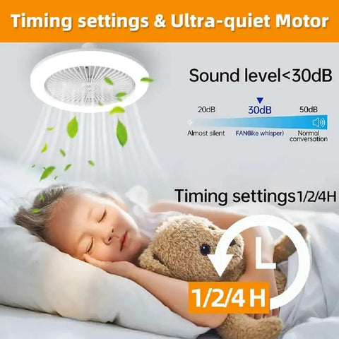 Child sleeping peacefully under No Fuss Silent Ceiling Fan Light Socket Kit With Remote Control Screw In E27 LED Bulb Socket
