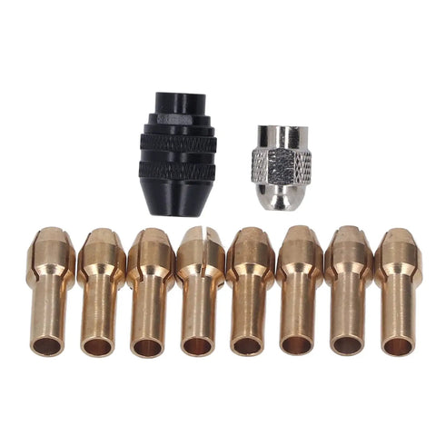 Super Cool Hilitand Brass Drill Chuck Adapter With Keyless Design And Eight Sweet Collet Sizes From One Thirty Second To One Eighth Inch For Woodworking And Engraving Projects That Are Totally Awesome, showing brass collet sizes.