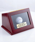 Golf Ball Display Case For Hole In One Memorabilia, Premium Walnut Wood Box With Engraved Metal Plate, UV Protected Cover, Single Ball Holder