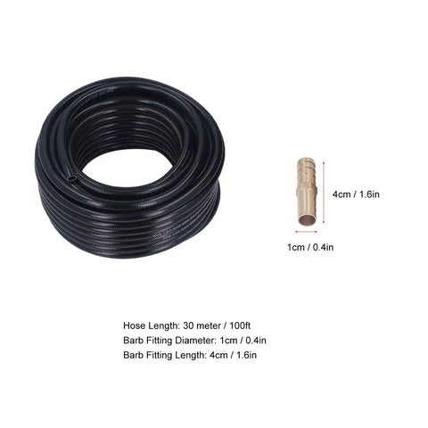 Big Time 100FT 3/8 Inch Air Hose Plus Pond Tubing Kit For Pond Pump And Aerator System Built With Hella Strong PVC Giving Serious Durability And Leak Proof Performance You Really Gonna Dig This Heavy Duty Gear For Any Water Feature At Home. coiled black PVC hose with barb fitting, 100ft