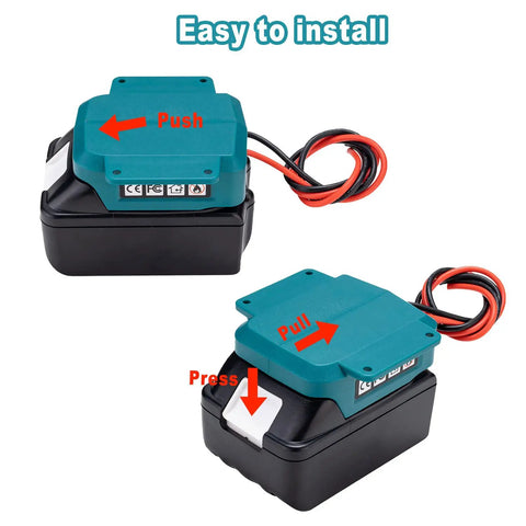 Beefy Battery Adapter Wheel For 18V LXT Li Ion Packs With 14 Gauge Wire Connector showing push and pull installation