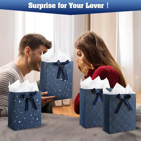 Four Pack 9 Inch Gift Bags In Premium Blue With Tissue Paper Medium Size 7x4x9 Inches Great For Birthdays Baby Showers Weddings Party Favors And Holiday Gifts