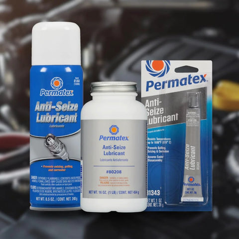 Three Permatex Anti-Seize Lubricant products: 1 oz tube, 8.5 oz spray can, and 16 oz bottle
