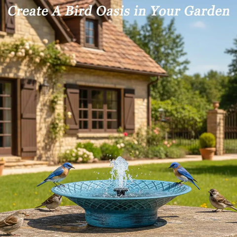 Solar Powered Bird Bath Fountain For Outdoors 12.6 Inch Hummingbird Bath with Quiet Pump in garden setting