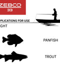 Silhouettes of panfish and trout with a fisherman in a boat, labeled for light applications, Zebco 33 branding.